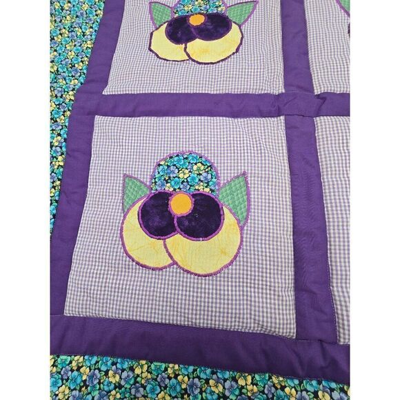 VTG Handmade Quilted Wall Hanging W Colorful Floral Applique Pansies 31" X 31" - Picture 2 of 5